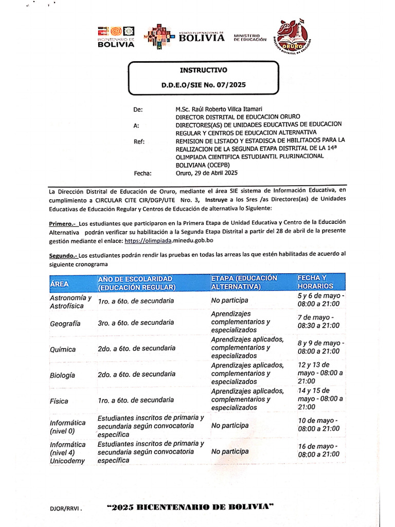 Instructivo Olimpiadas Plurinacional 2da Fase | PDF