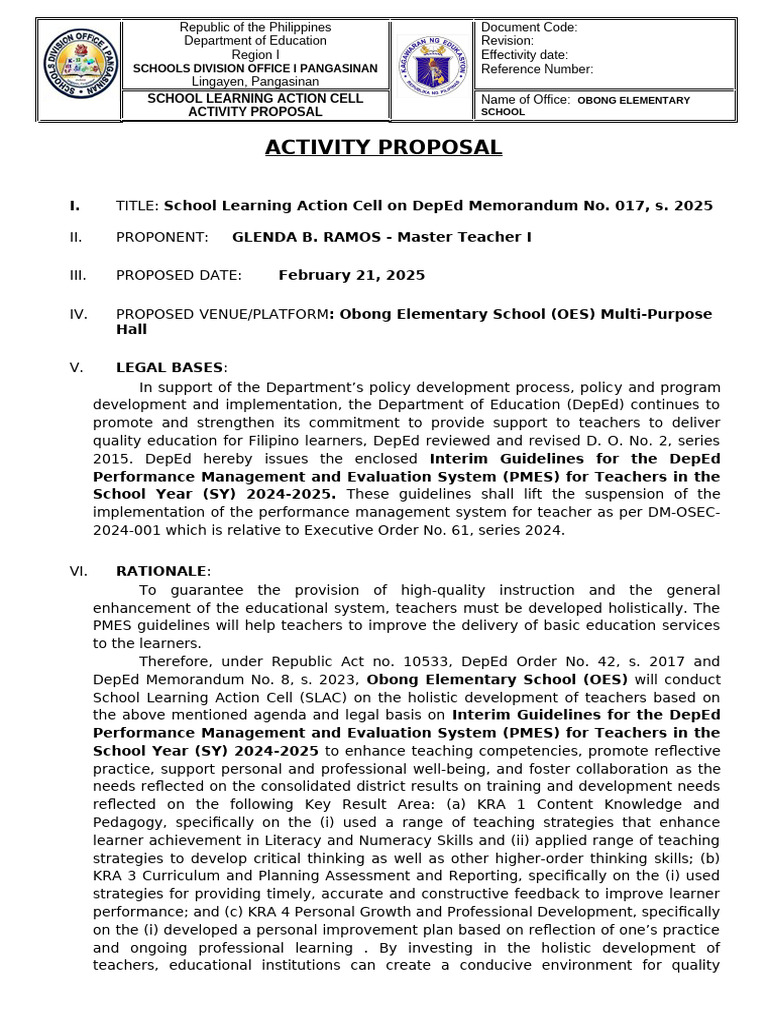 Glenda B. Ramos - Slac Proposal - Pmes 2025 | PDF | Learning | Teachers