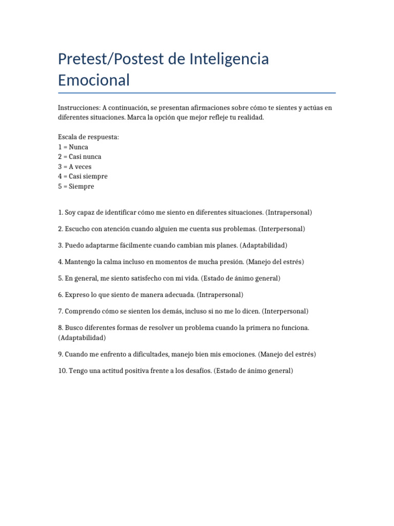 Pretest Postest Inteligencia Emocional | PDF