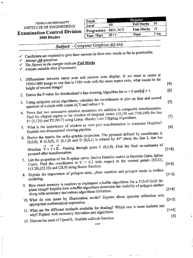 Computer Graphics Past Questions | PDF