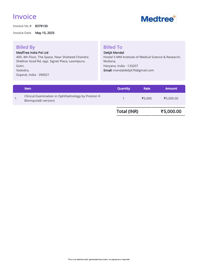 Invoice 8379130 Medtree India PVT LTD Debjit Mandal | PDF