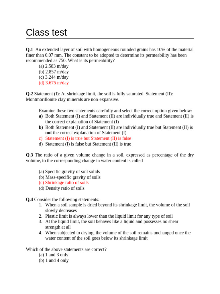 Soil Mechanics Class Test Questions | PDF | Soil | Physical Sciences