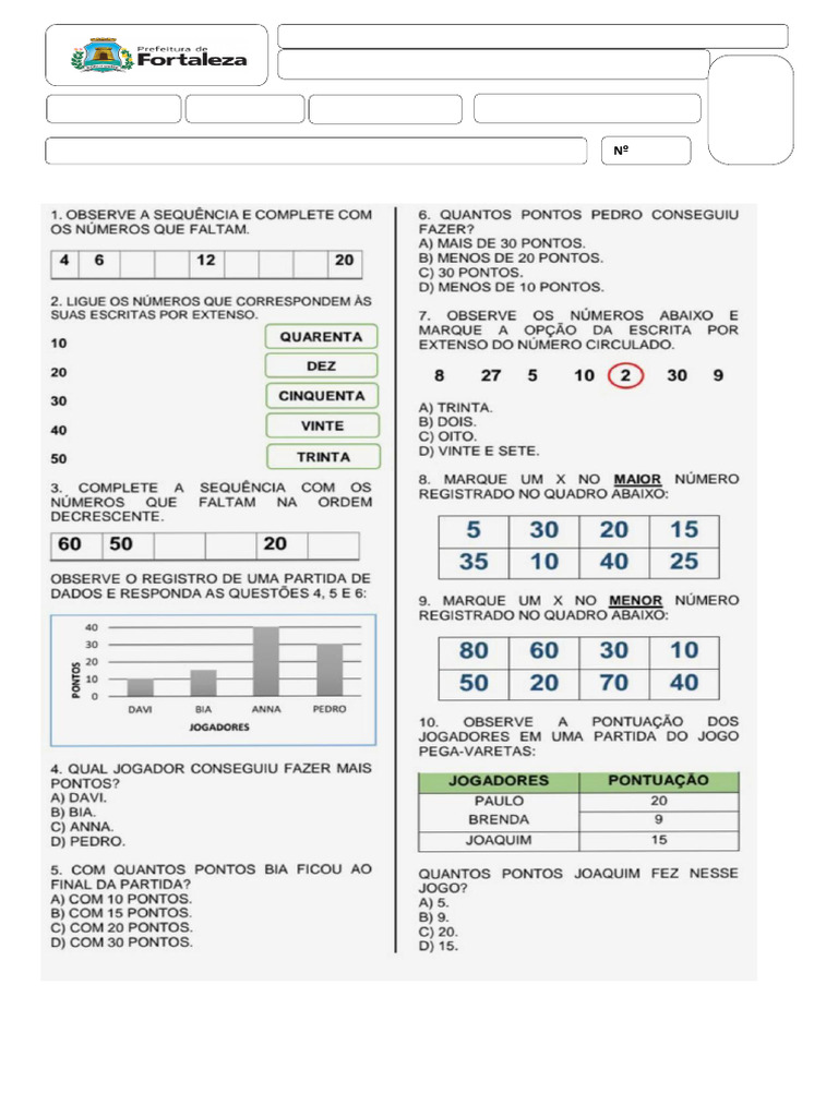 Atividade Avaliativa de Matemática - 3º Ano | PDF