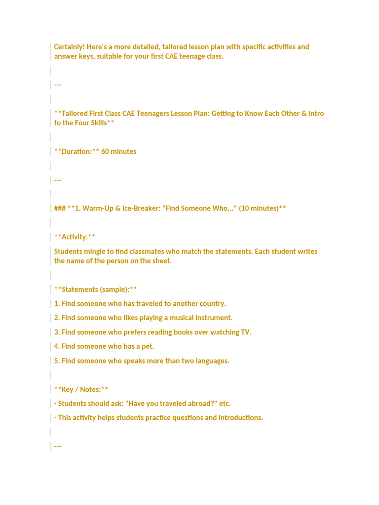 CAE Teenagers First Class Lesson Plan | PDF | Lesson Plan | Learning