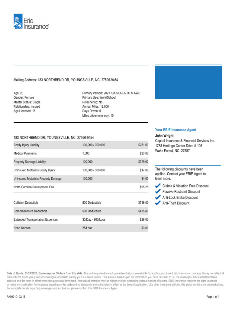 ERIE Insurance Quote Summary for Rachel | PDF | Insurance | Deductible