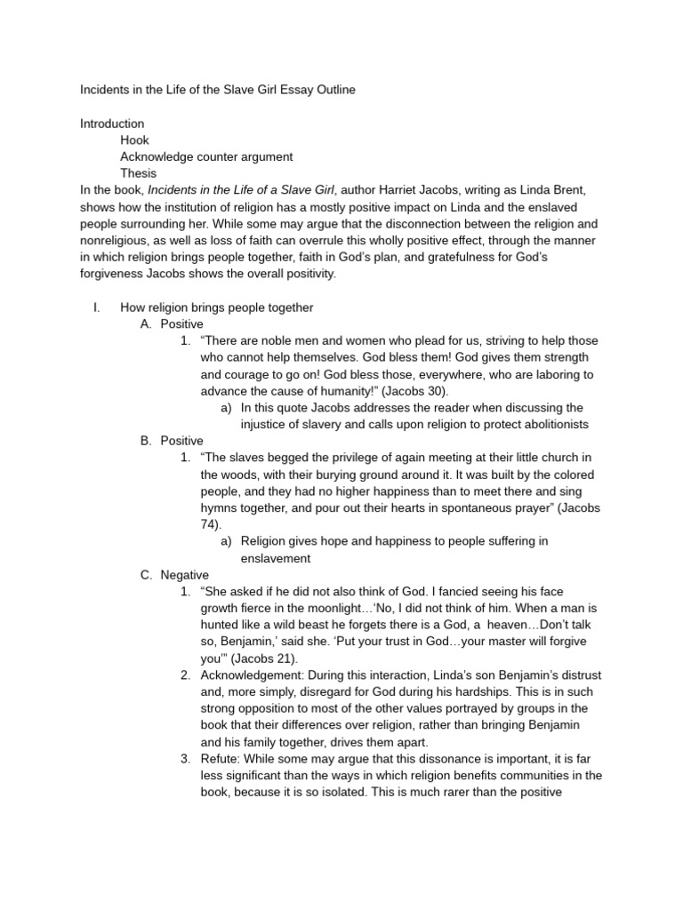 Incidents in The Life of The Slave Girl Essay Outline | PDF