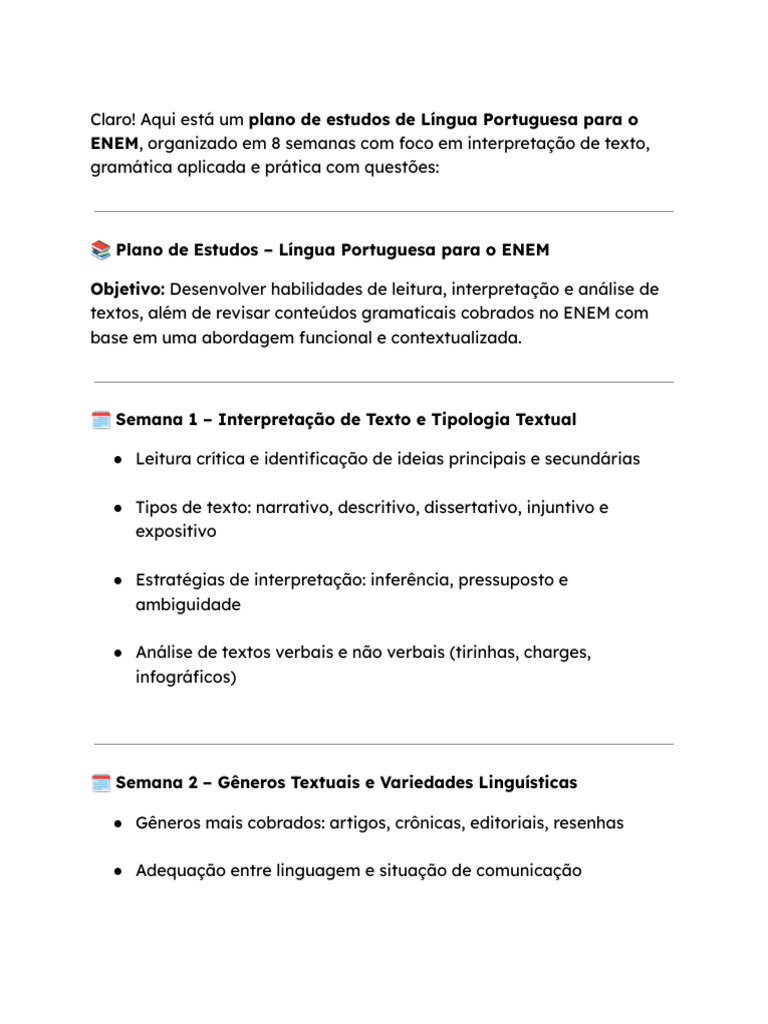 Plano de Estudos para Língua Portuguesa ENEM | PDF | Linguística ...
