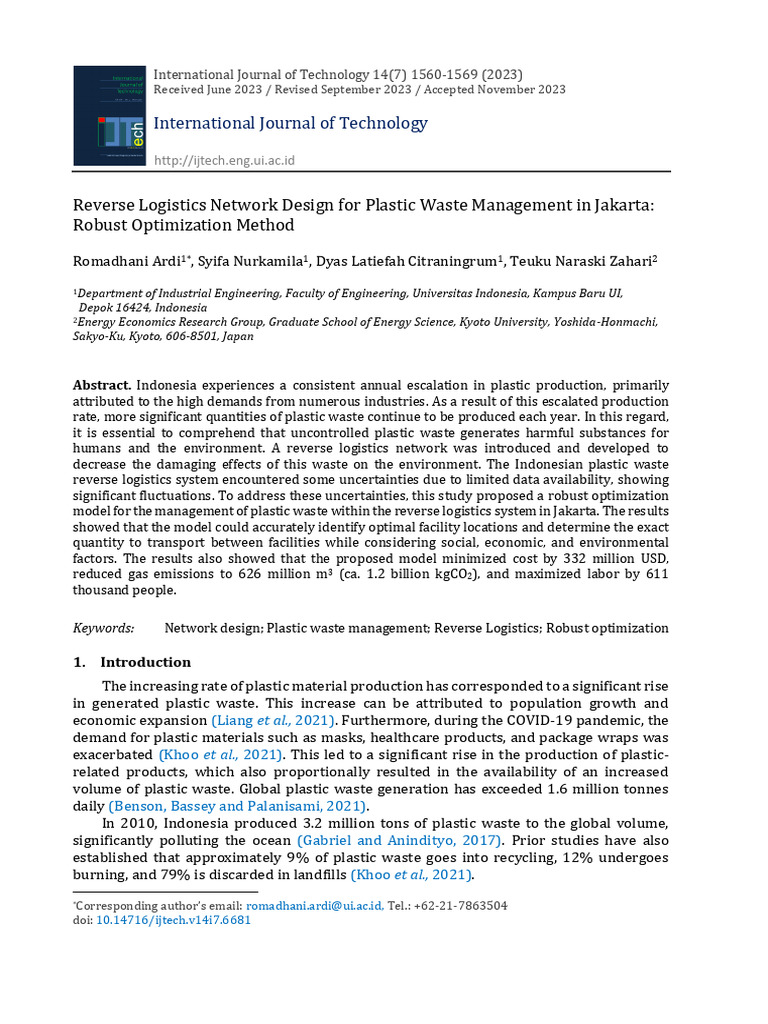 IJTech - IE 6681 - Reverse Logistics Network Design For Plastic Waste ...