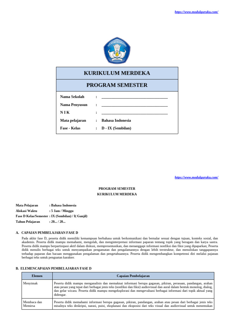 Program Semester Bahasa Indonesia Kelas IX | PDF