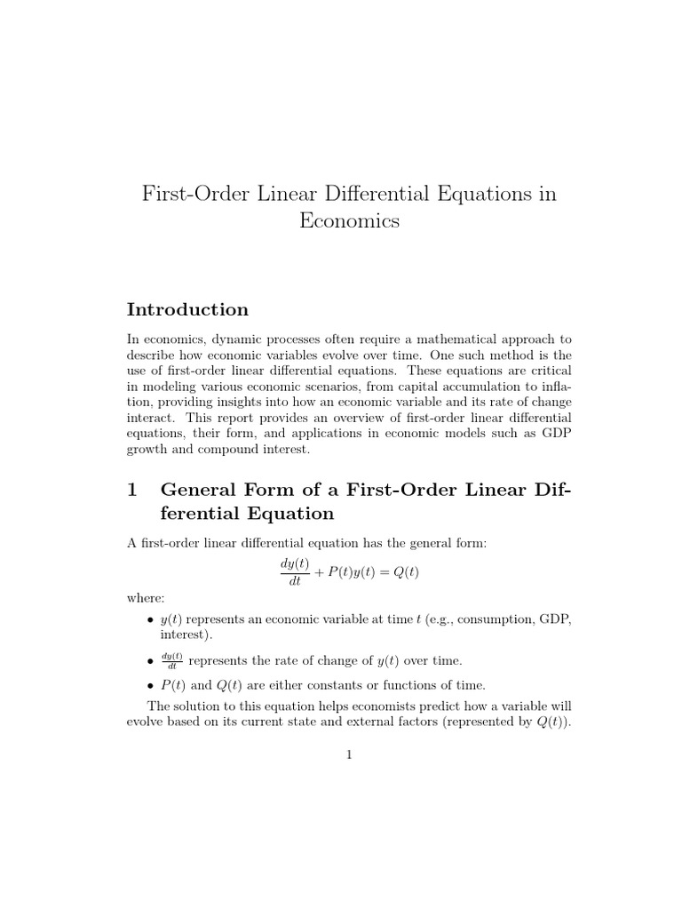 First Order Linear Differential Equation Pdf Equations Economics