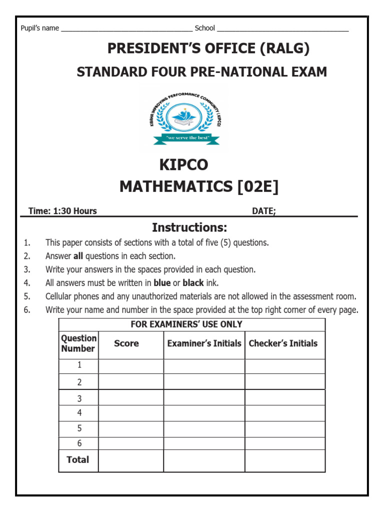Standard Four KIPCO Math Exam 2025 | PDF | Mathematics