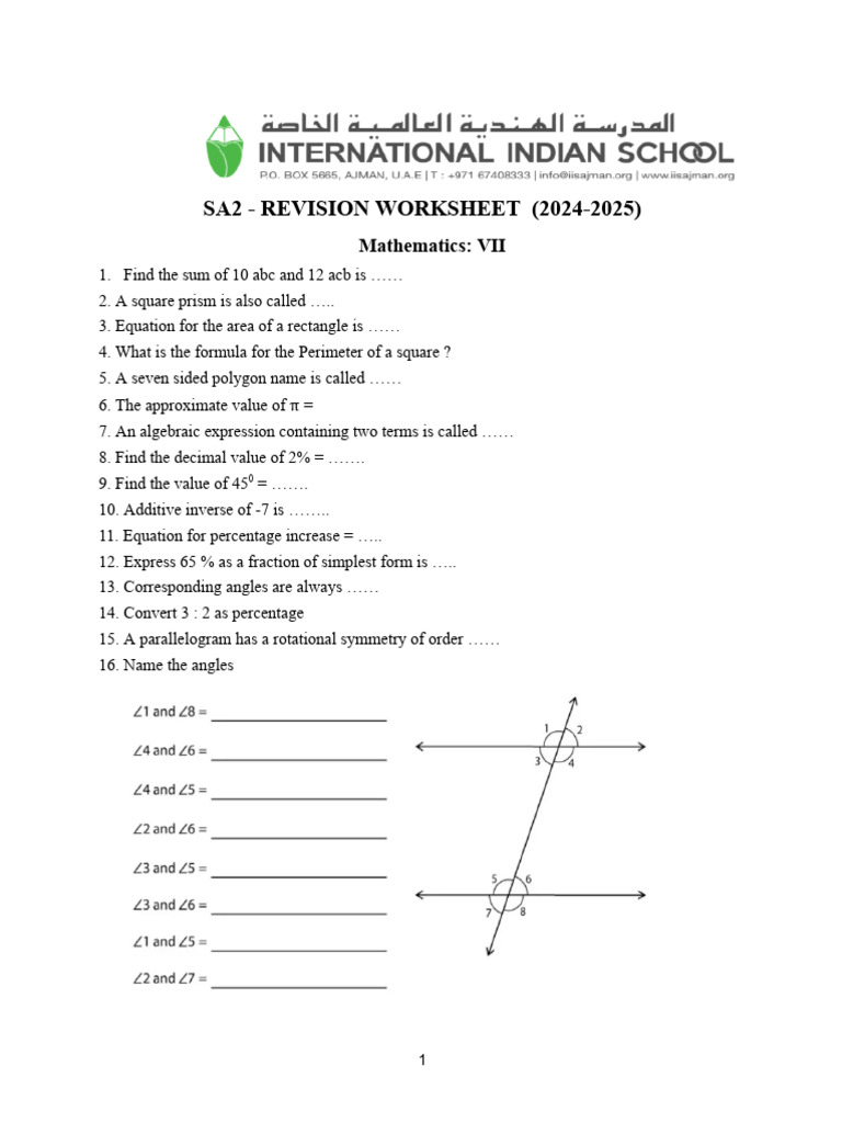 Mathematics Revision Worksheet 2024-2025 | PDF | Area | Elementary ...