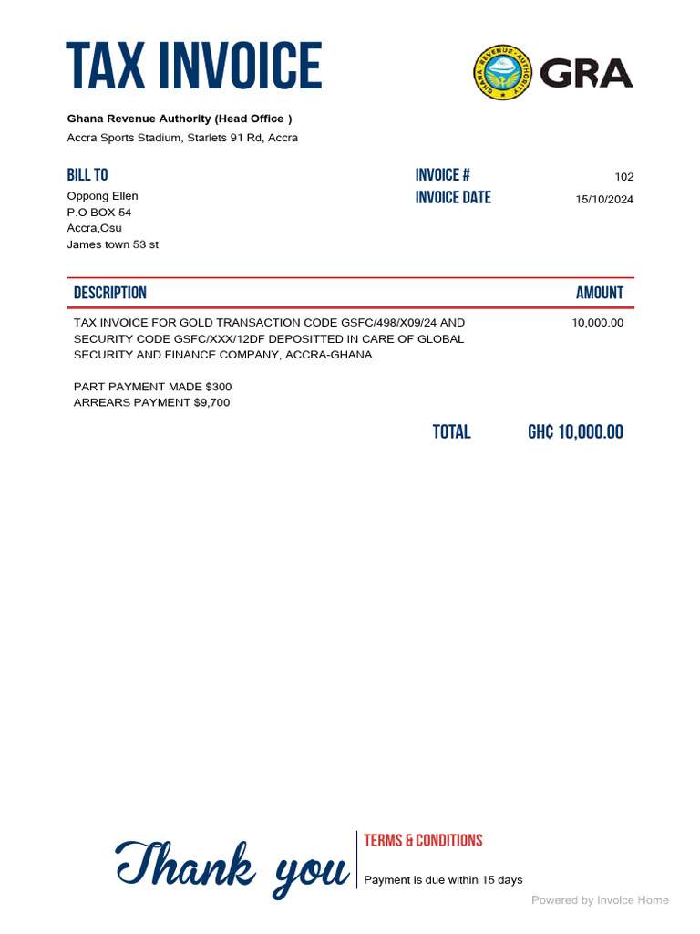 GRA Tax Invoice for Gold Transaction | PDF