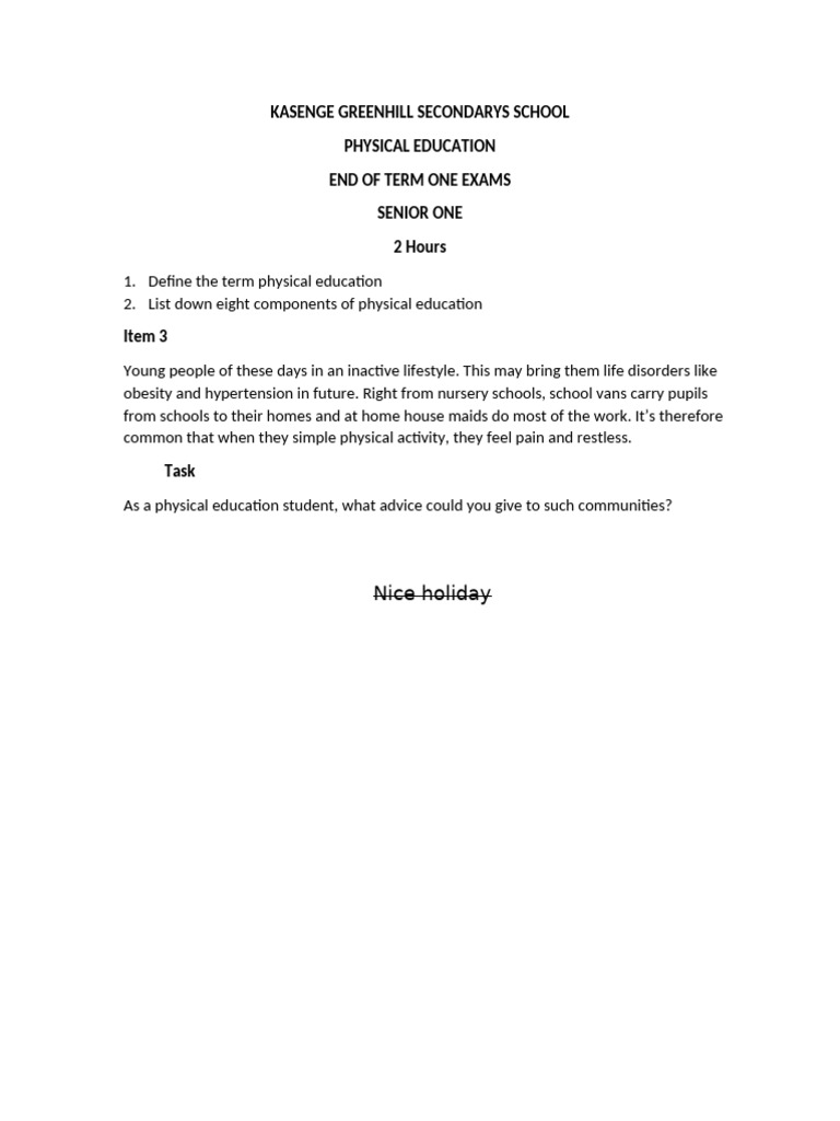 Senior One Physical Education Exam Guide | PDF