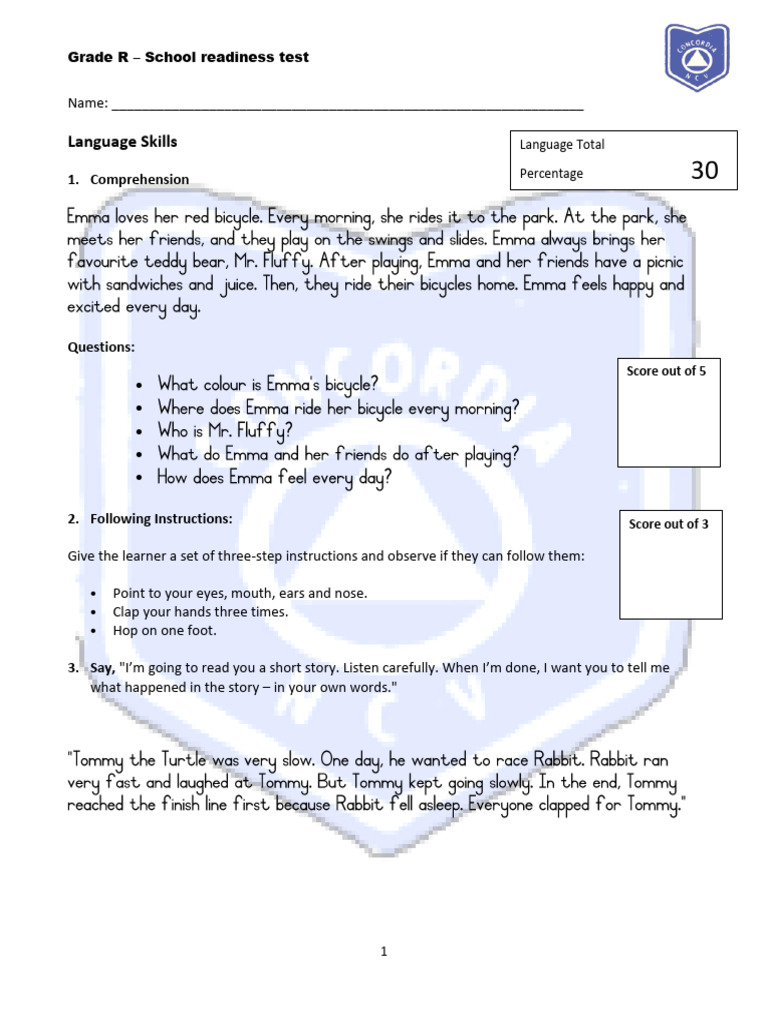 Grade R School Readiness Assessment | PDF | Cognitive Science | Human ...