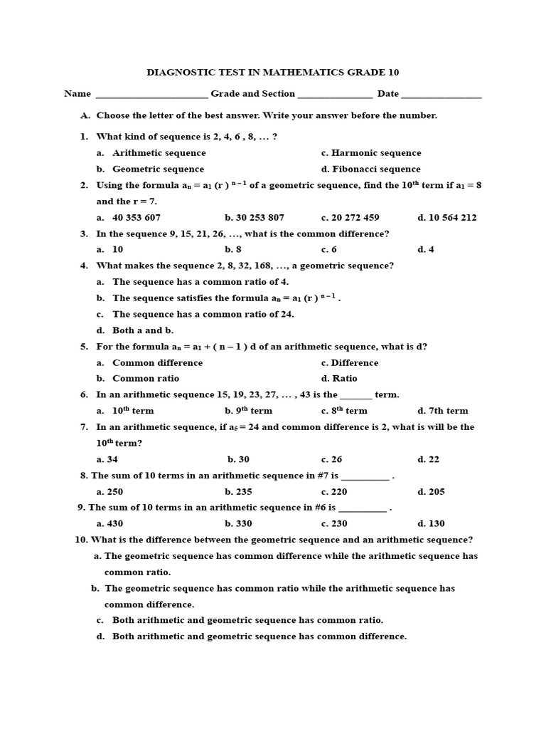 Diagnostic Test in Mathematics Grade 10 | PDF | Circle | Trigonometric ...