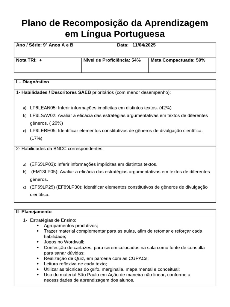 Plano de Recomposição de Aprendizagem LP | PDF | Aprendizado | Pedagogia