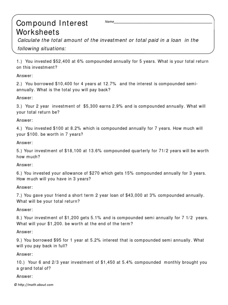 Compound Interest Worksheet 1 | PDF | Compound Interest | Household  Behavior And Family Economics