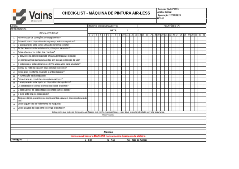 Check-list de Segurança: Máquina Air-Less | PDF