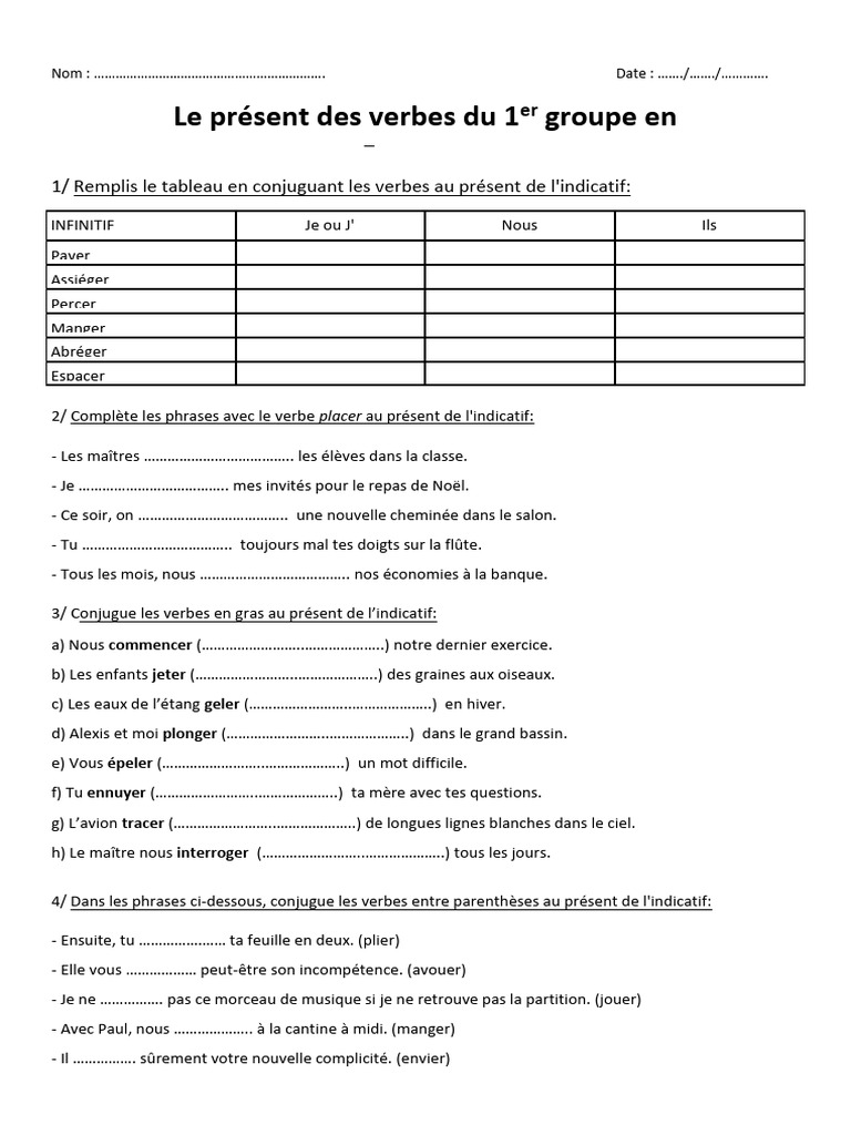 Verbes en Cer Ger Yer - Eler Et Eter Ier Uer Ouer Exercices Cm2 Présent ...