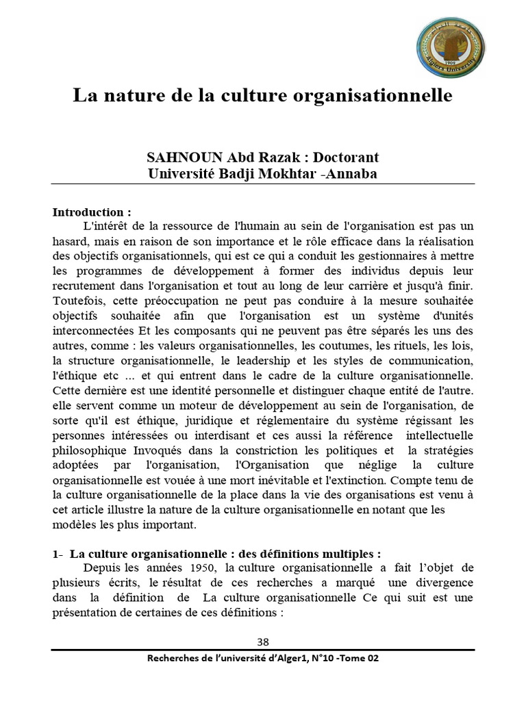 Nature et Importance de la Culture Organisationnelle | PDF | Business ...