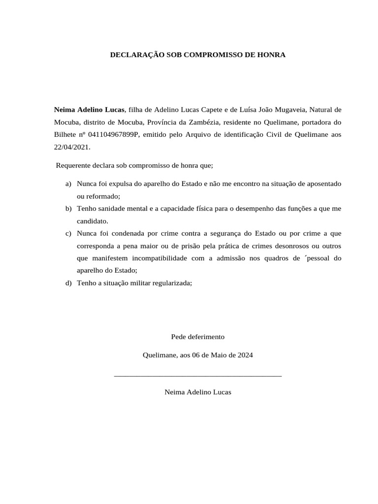 Declaração de Compromisso de Honra | PDF
