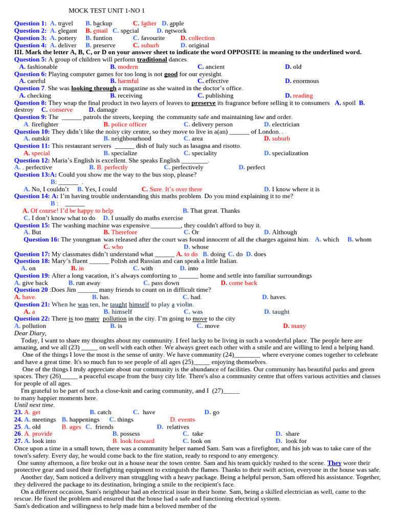 Mock Test Unit 1 Questions and Answers | PDF | Cost Of Living | Diet ...