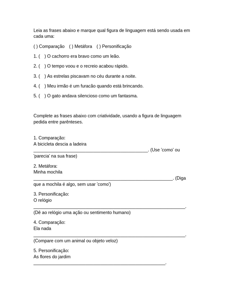 Atividade Figuras de Linguagem 6ano | PDF