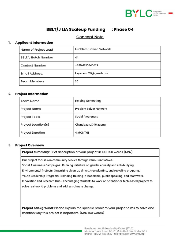 Project Concept Note Template For LIA Scale-Up Funding - Phase 04 | PDF ...