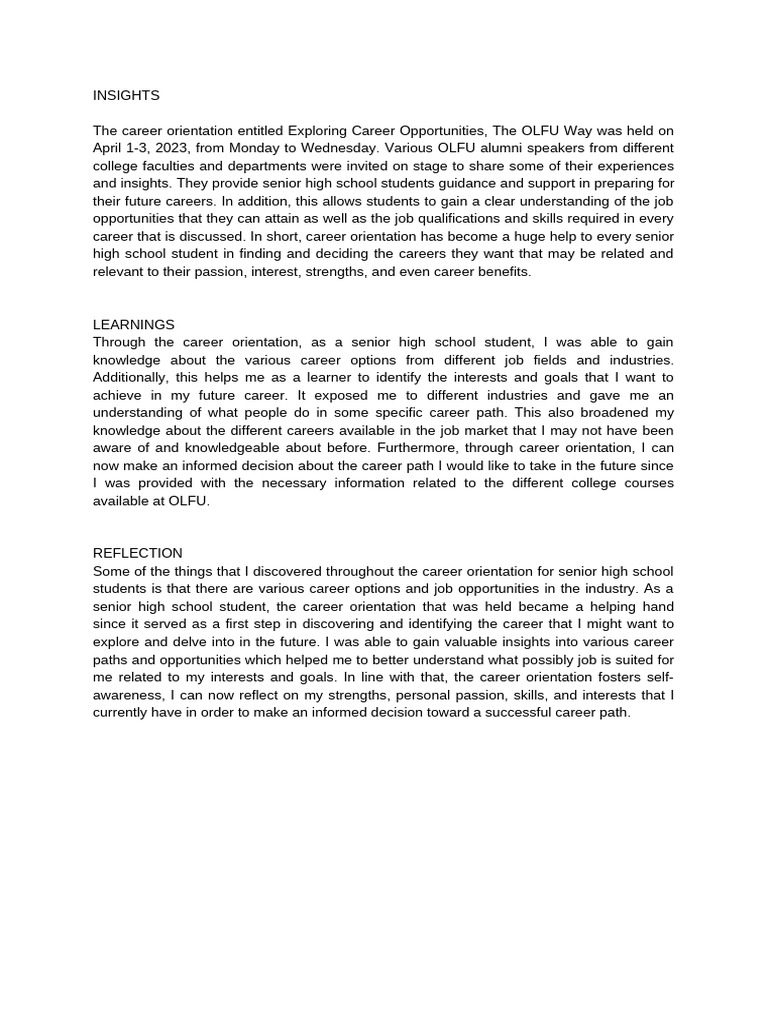 OLFU Career Orientation Insights 2023 | PDF