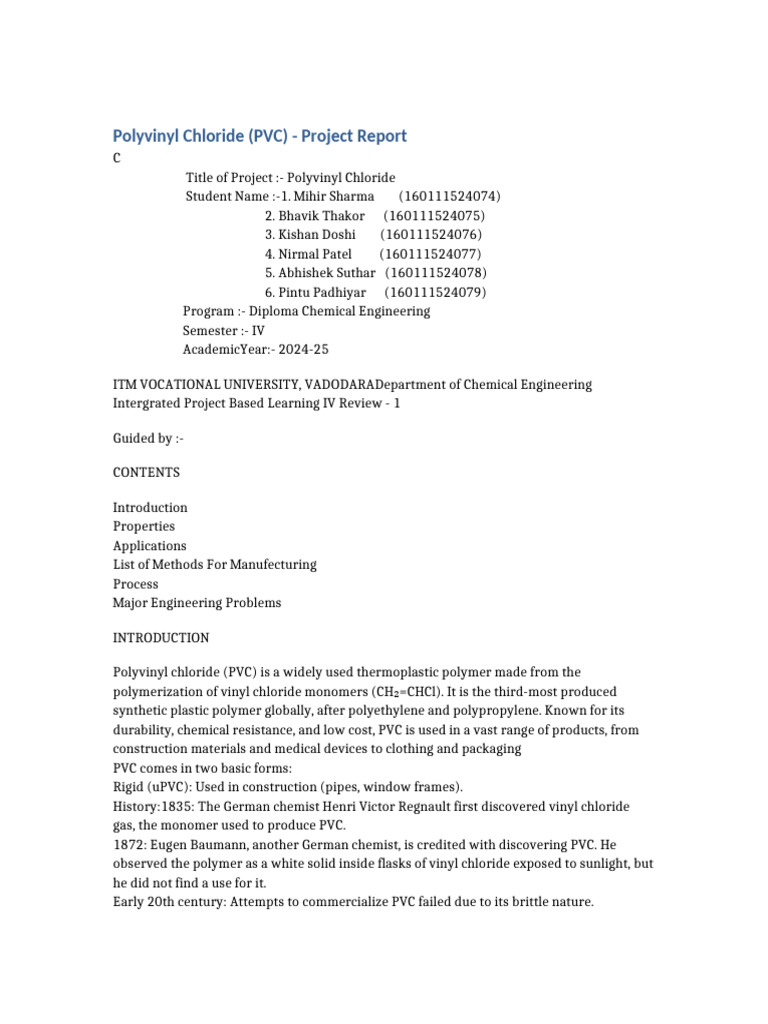 PVC_Project_Report_Cleaned | PDF | Polyvinyl Chloride | Polymerization