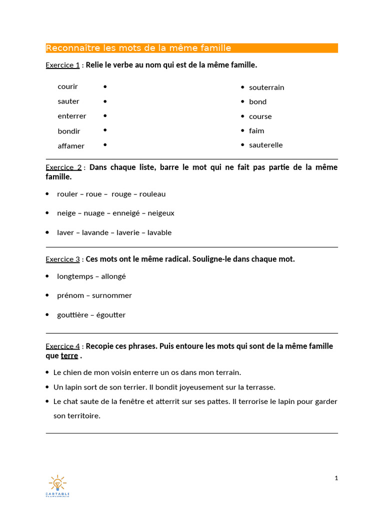 Mots de la même famille : exercices pratiques | PDF