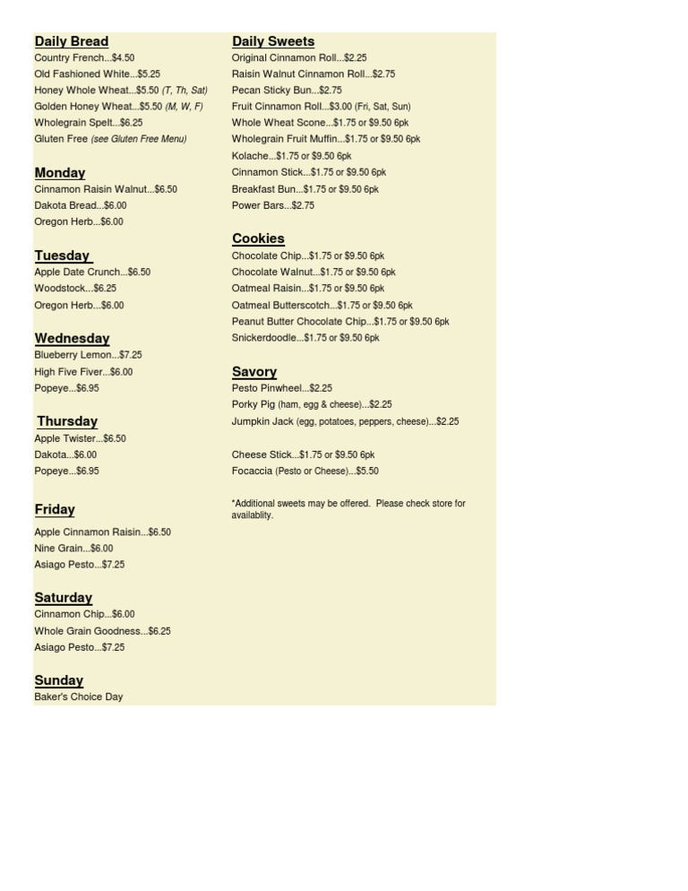 Daily Bakery Menu and Prices | PDF | Wellness