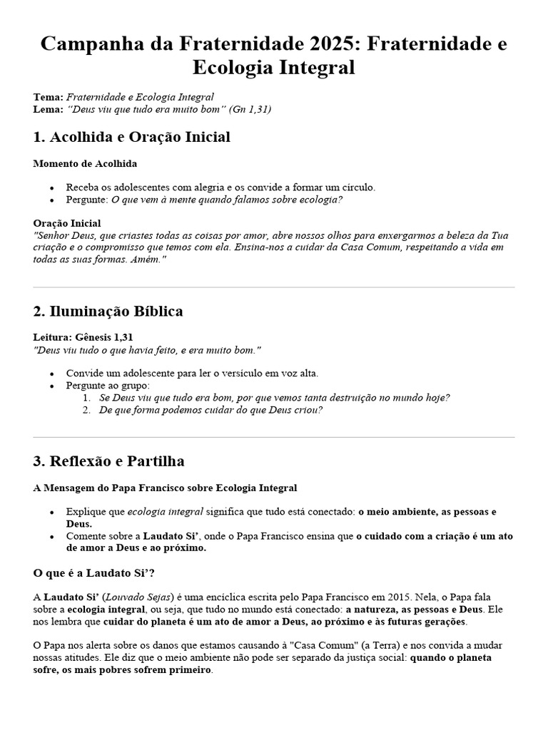 Campanha da Fraternidade 2025: Ecologia Integral | PDF | Oração | Deus