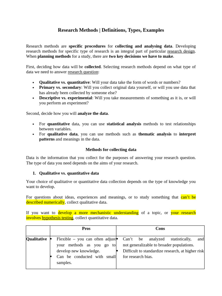 Research Methods: Types and Examples | PDF | Methodology | Quantitative ...