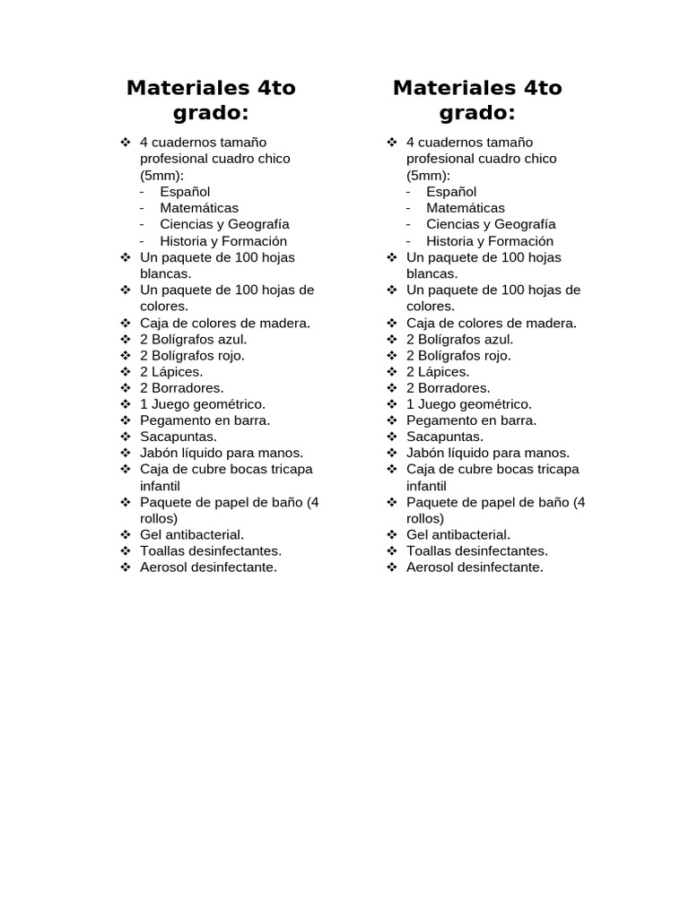 Lista de materiales 4to grado | PDF