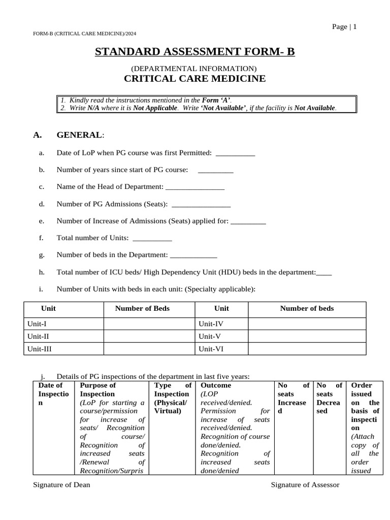 Critical Care Medicine Assessment Form 2024 | PDF | Intensive Care Unit ...
