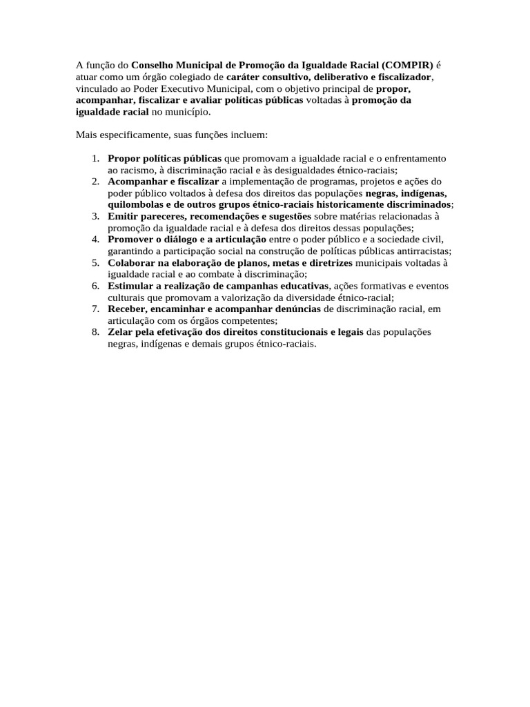 Funções do COMPIR na Igualdade Racial | PDF