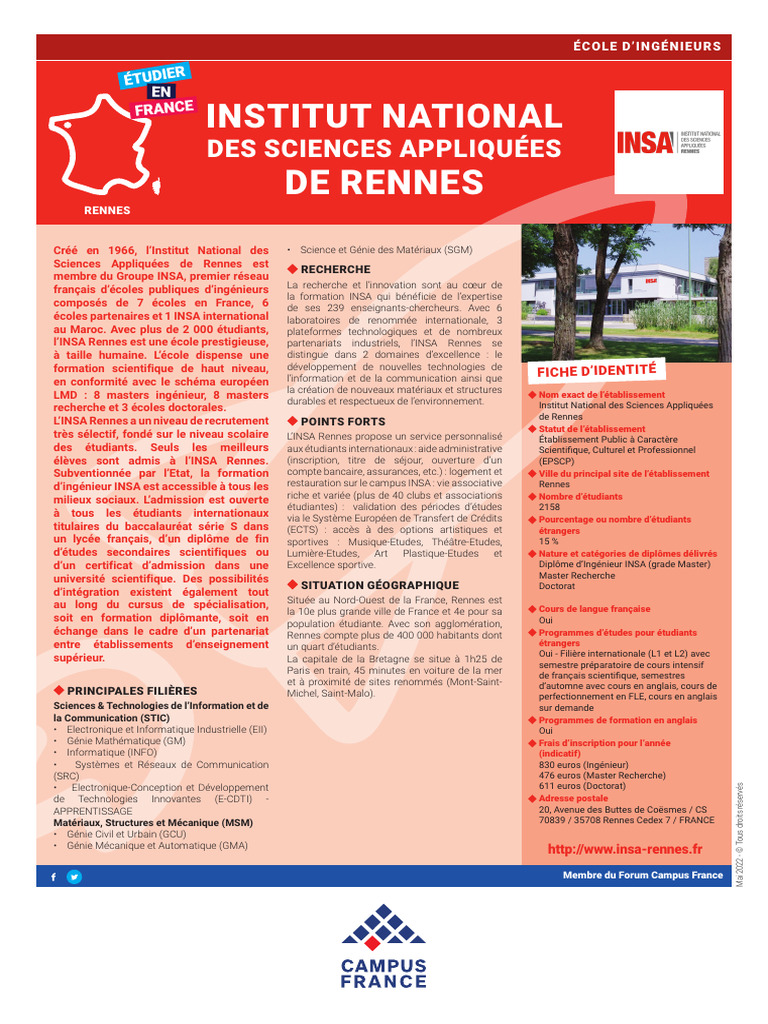 INSA Rennes : École d'Ingénieurs Innovante | PDF