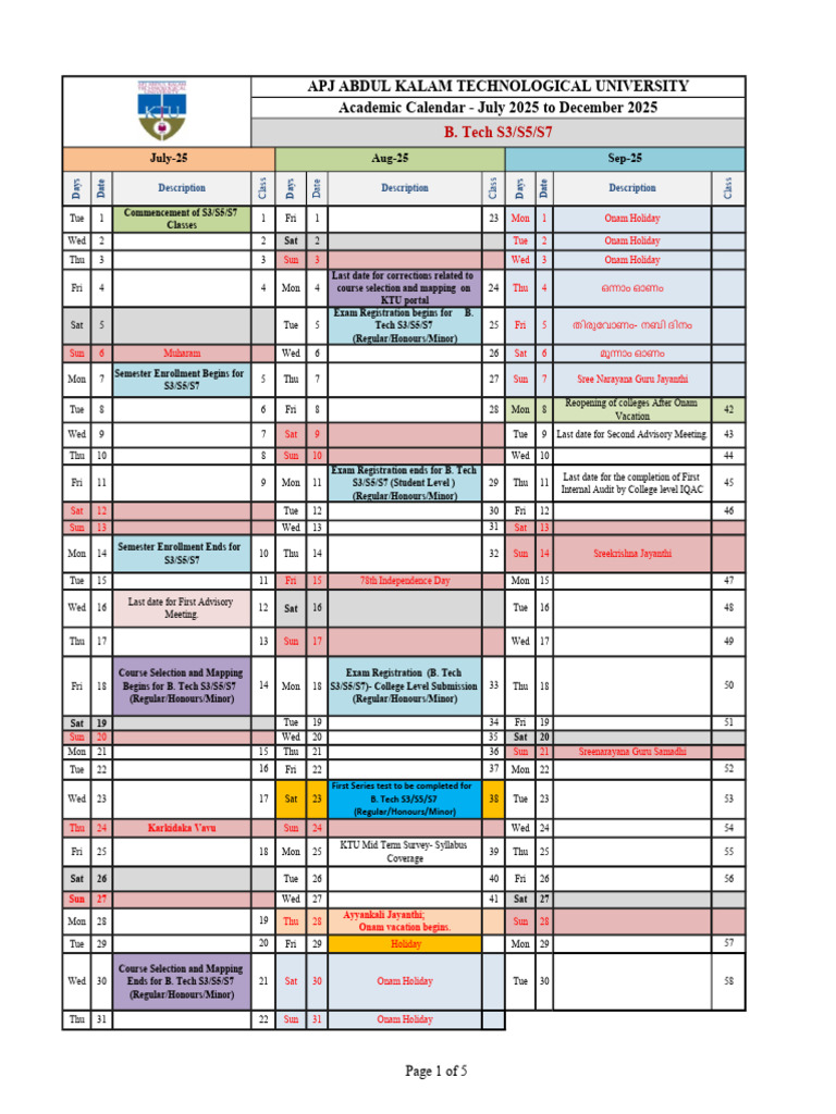 KTU Academic Calendar 2025-26 | PDF | Academic Term | Educational Stages