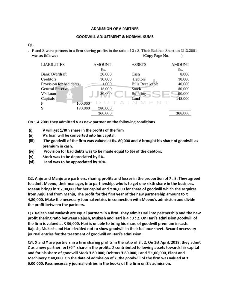Admission of Partners and Goodwill Treatment | PDF | Goodwill ...