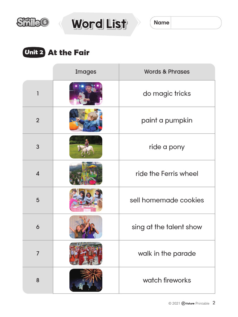 Let's Smile 6 - Word List - Unit 2 | PDF