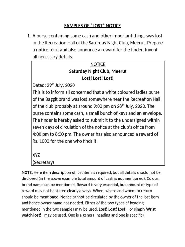Lost Notice Samples and Guidelines | PDF