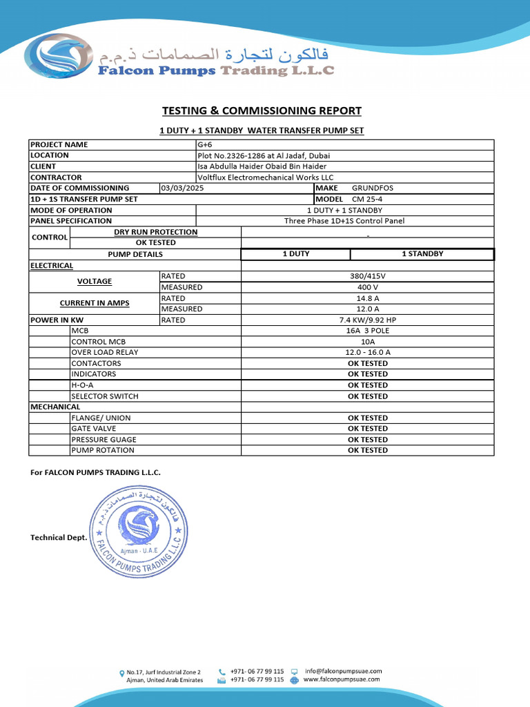 CM-25/4 Pump Testing Report | PDF | Relay | Equipment
