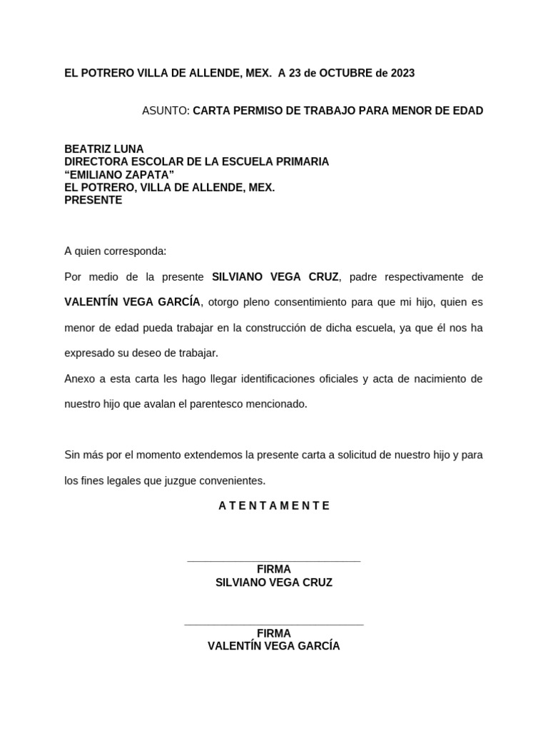 Carta Permiso de Trabajo para Menor de Edad | PDF