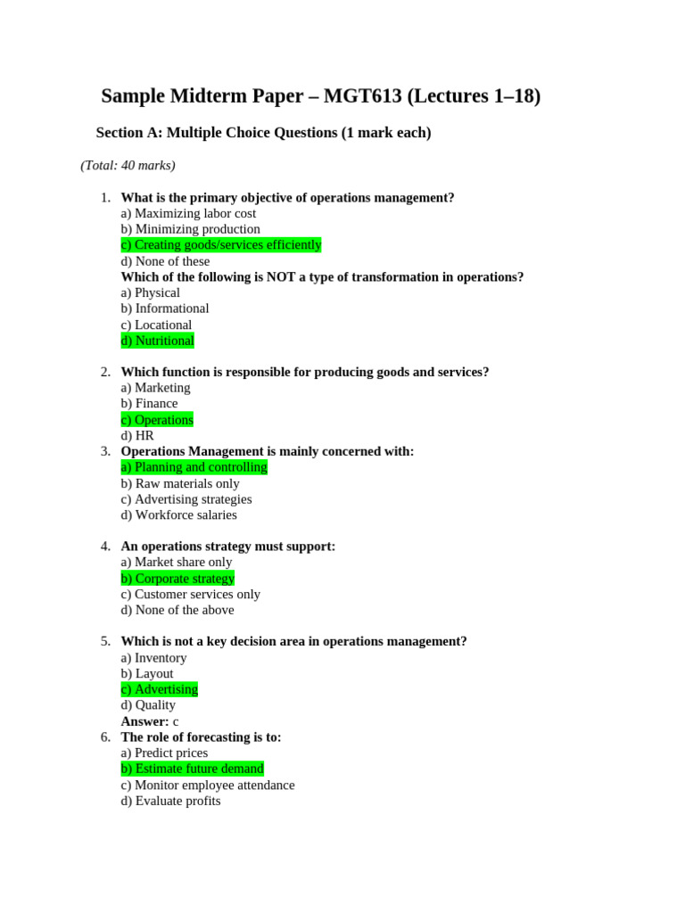 MGT613 Midterm Exam Sample Questions | PDF | Operations Management ...
