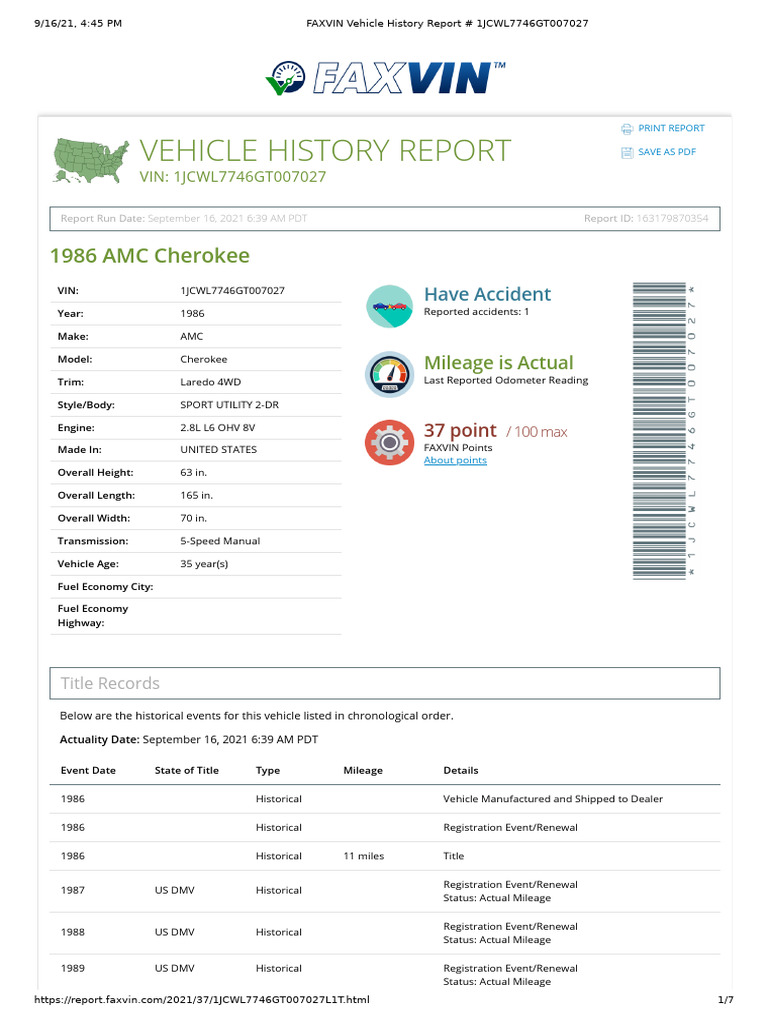 FAXVIN Vehicle History Report # 1JCWL7746GT007027 | PDF | Department Of ...