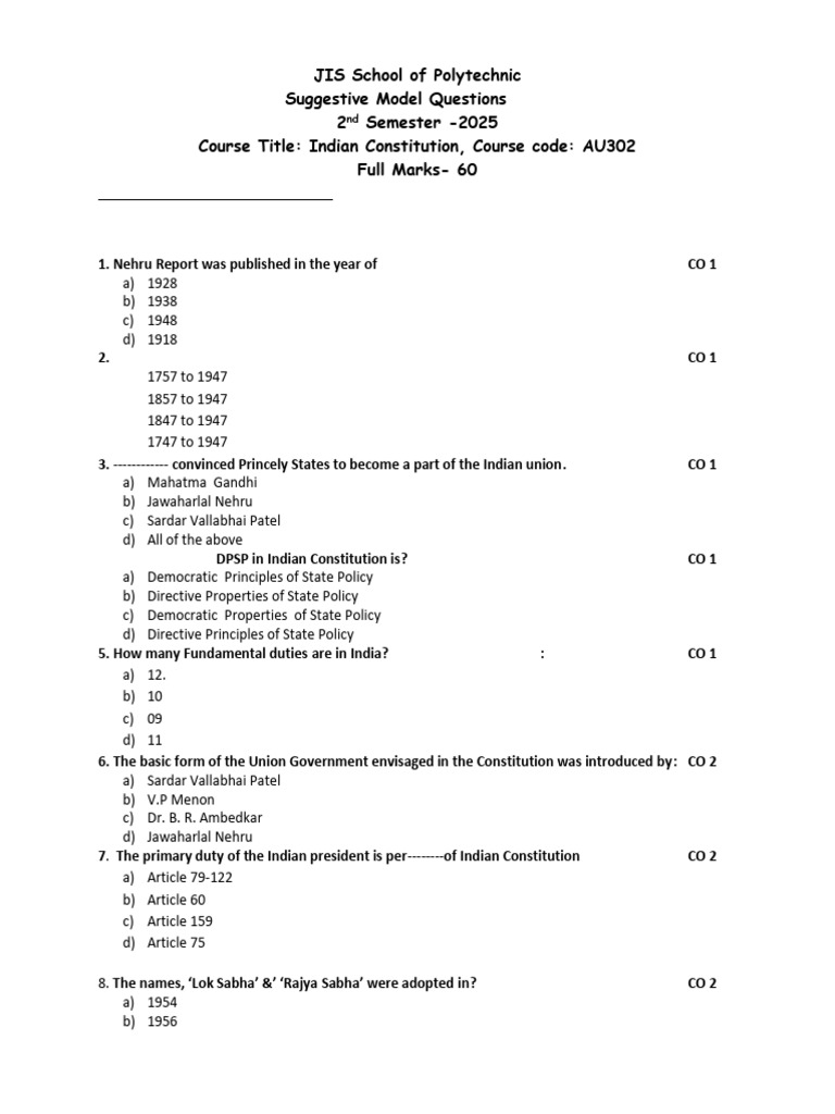 Suggestive Model Questions Indian Constitution | PDF | Government Of ...
