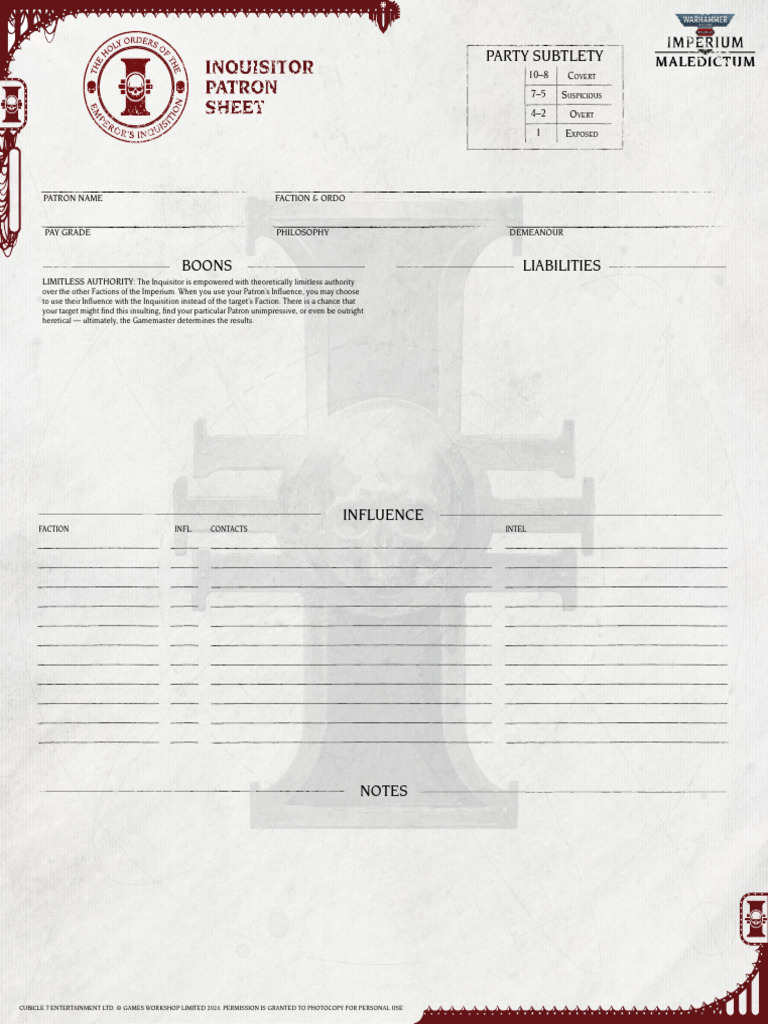 Inquisitor Patron Sheet Guide | PDF