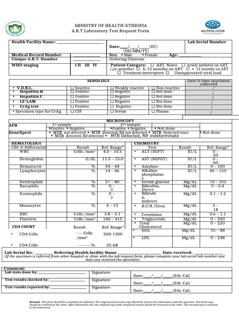 A.R.T Laboratory Test Request Form | PDF | Health Care | Social Programs